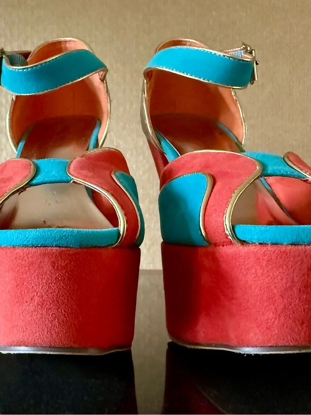 FUN 70’s Style Platform Shoe.  Bold Red and Teal Platform Heels with Gold Trim.